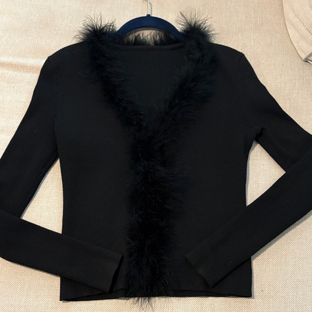 Commense Brand Black Fuzzy Trim Cardigan